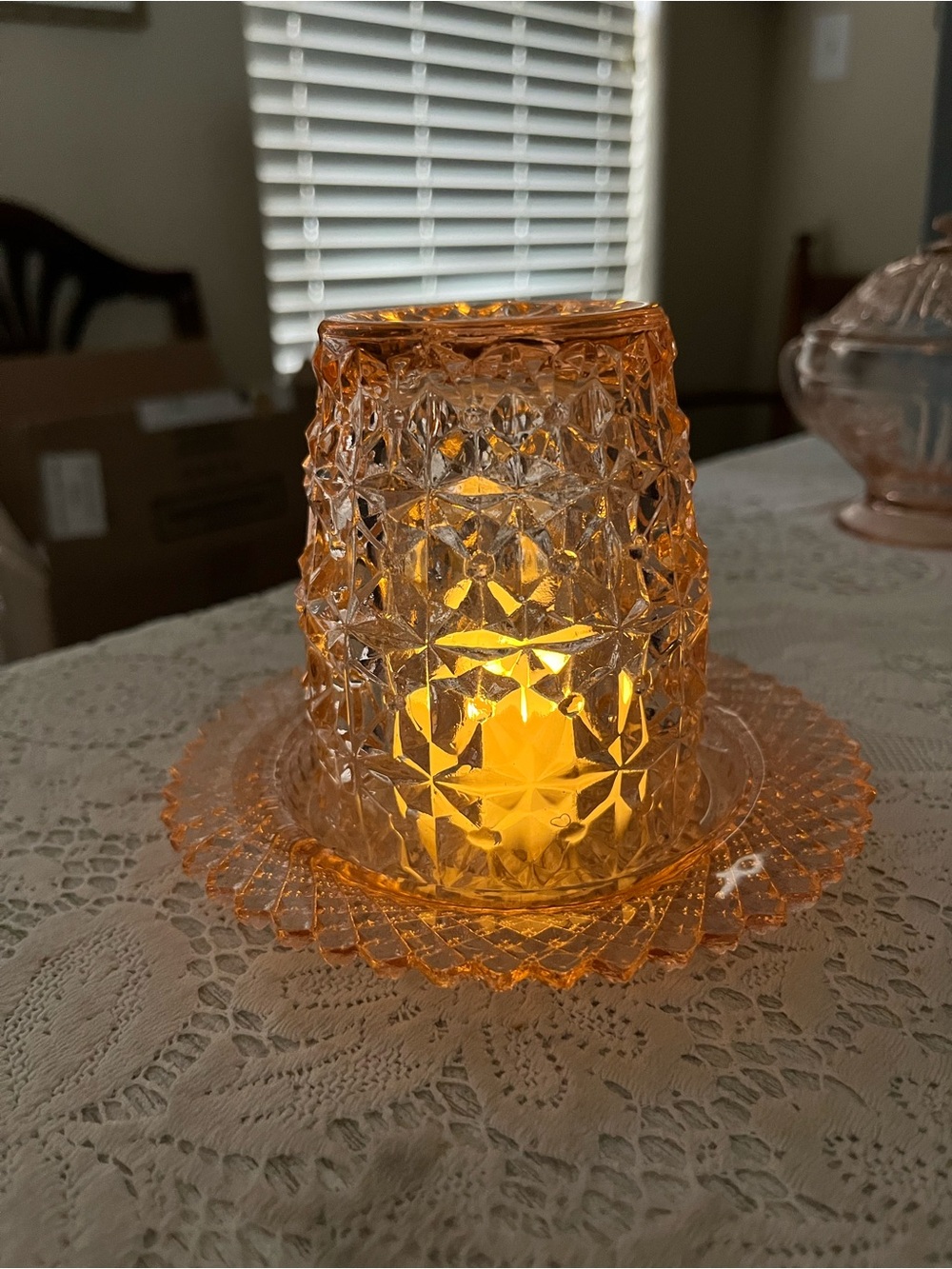 Vintage Pink Depression Glass Fairy Lamp | Geometric Glass & Plate - Picture 2 of 5